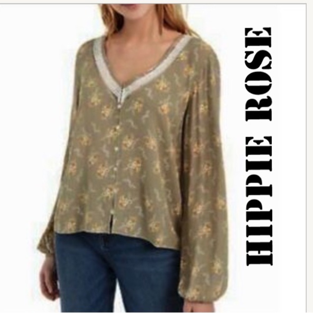 HIPPIE ROSE MEDIUM OLIVE GREEN FLORAL BUTTON FRONT TOP - Picture 1 of 6